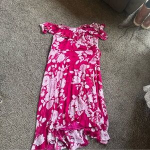 London Times Hot Pink Floral-Trim Cold Shoulder Dress